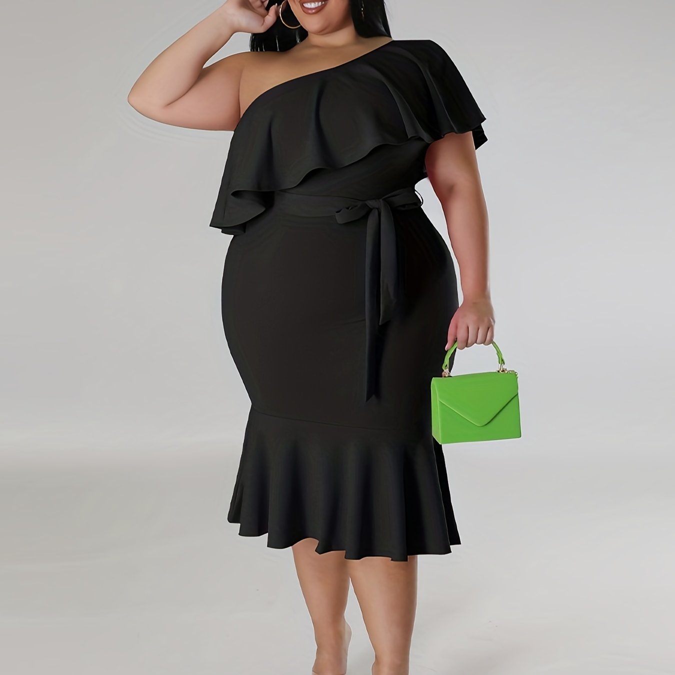 Plus Size One Shoulder Ruffle Mermaid Dress with Belt