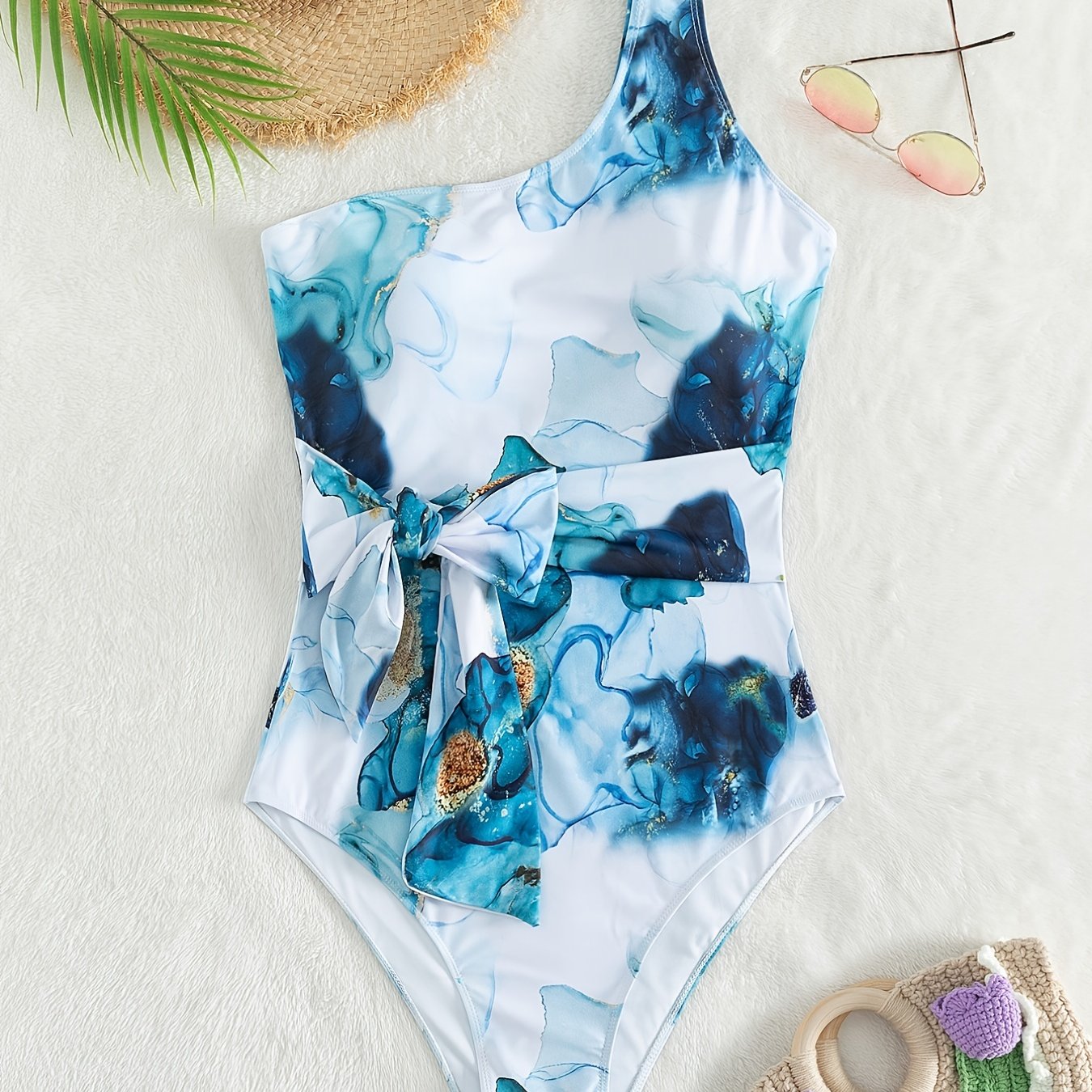  Tie Dye Side Knot One Shoulder One Piece Swimsuit