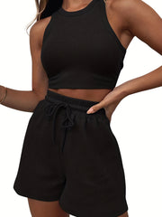 Rib Knit Crop Top & Drawstring Shorts Set, Casual Sports Suit