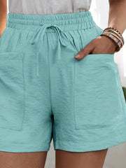 Drawstring Patched Pocket Casual Shorts High Waist Loose Summer Wide Leg Shorts