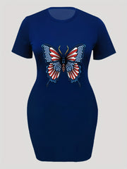 Plus Size Flag Pattern Butterfly Print Casual Dress