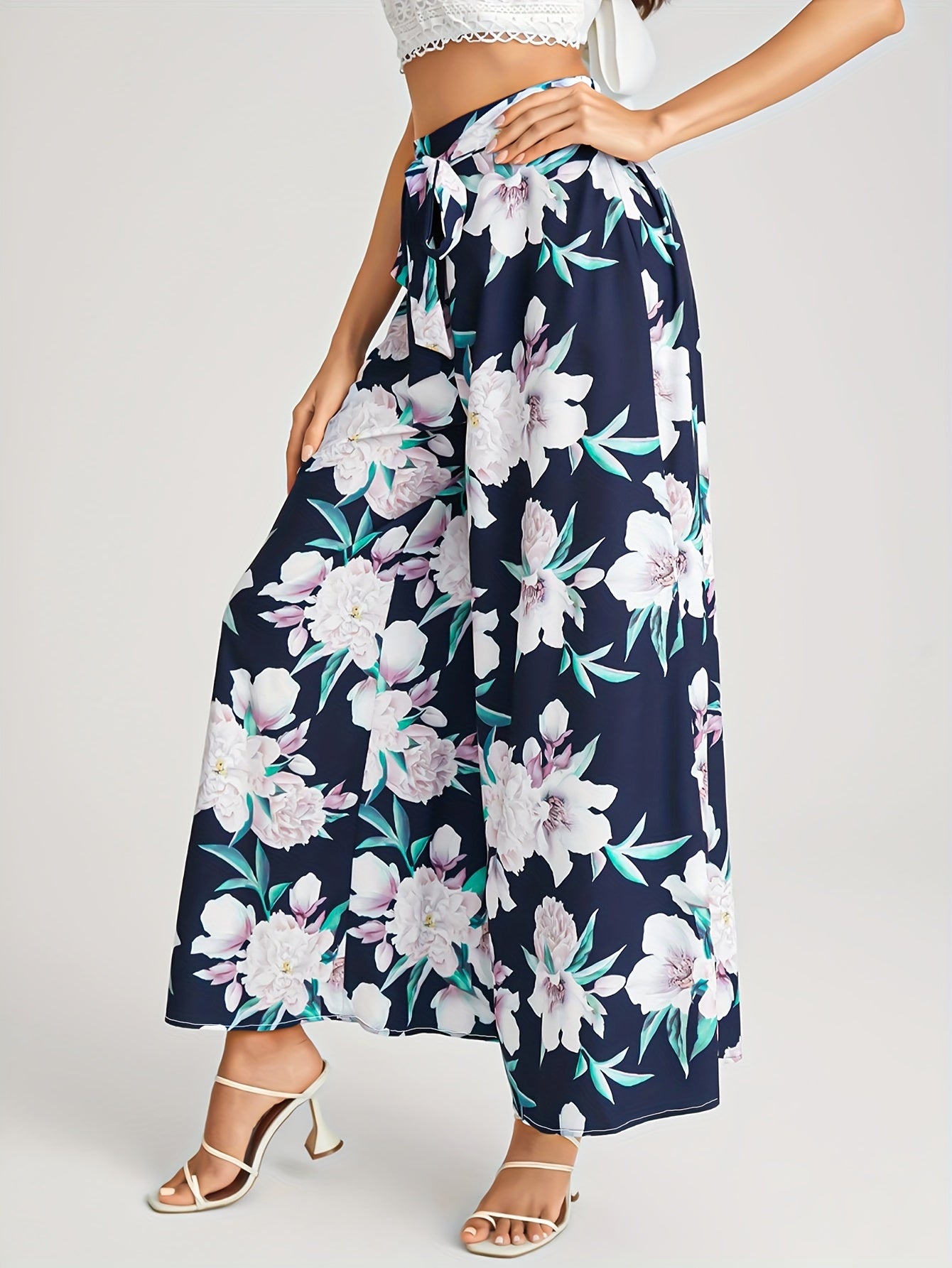  Floral Print High Rise Wide Leg Trousers