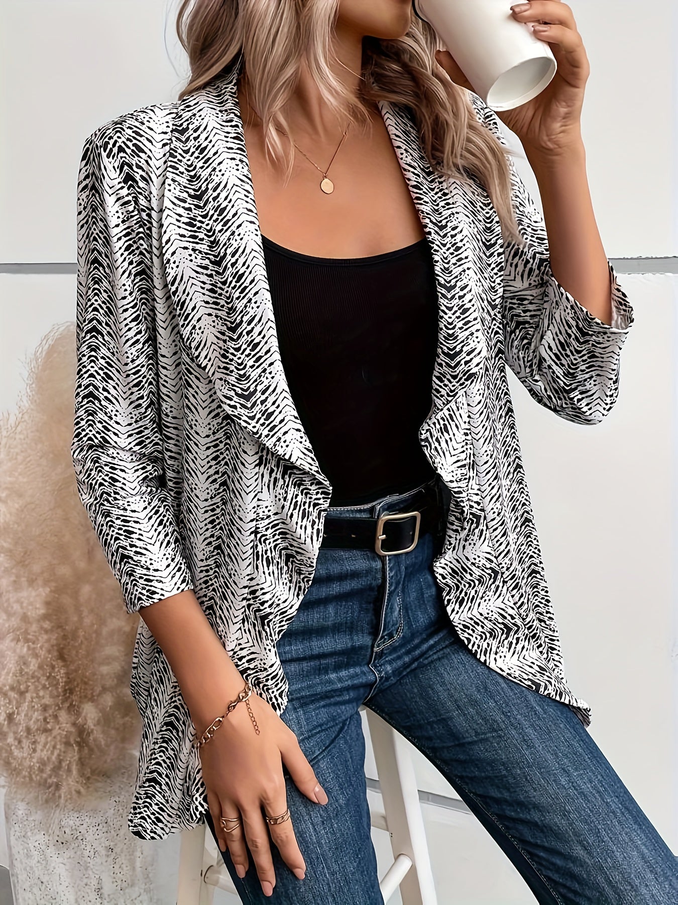  Chevron Print Open Front Cardigan
