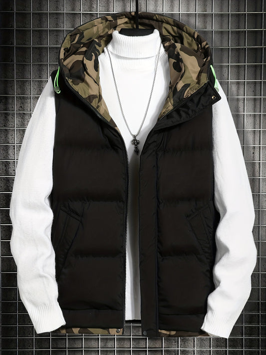Winter Hooded Vest Men's Zip Up Vest with Pockets