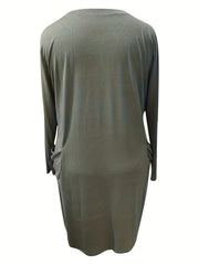  Casual Dress Women's Plus Solid Round Neck Long Sleeve Midi Dress