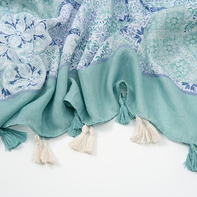 Tassel Scarf Floral Printed Warm Scarf Long Lightweight Scarf