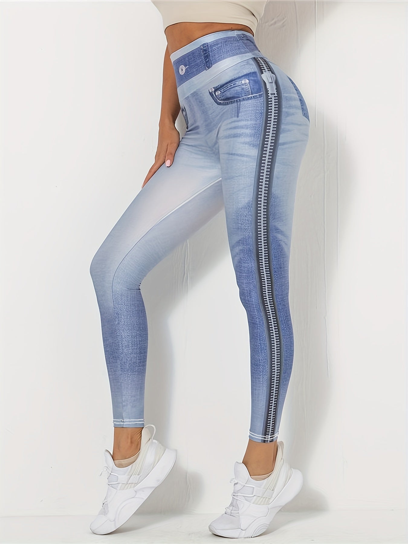 Denim Printed Slim Leggings High Waist Women's Clothing