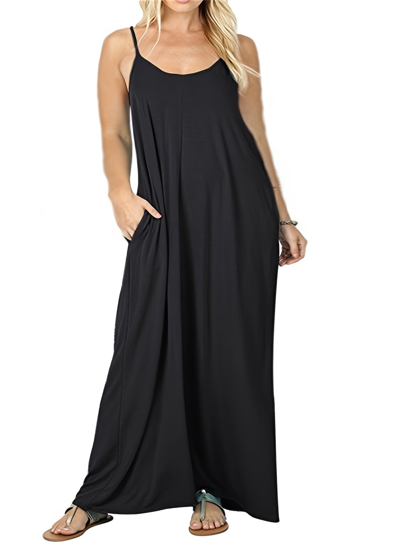  Plain Round Neck Maxi Dress With Pockets