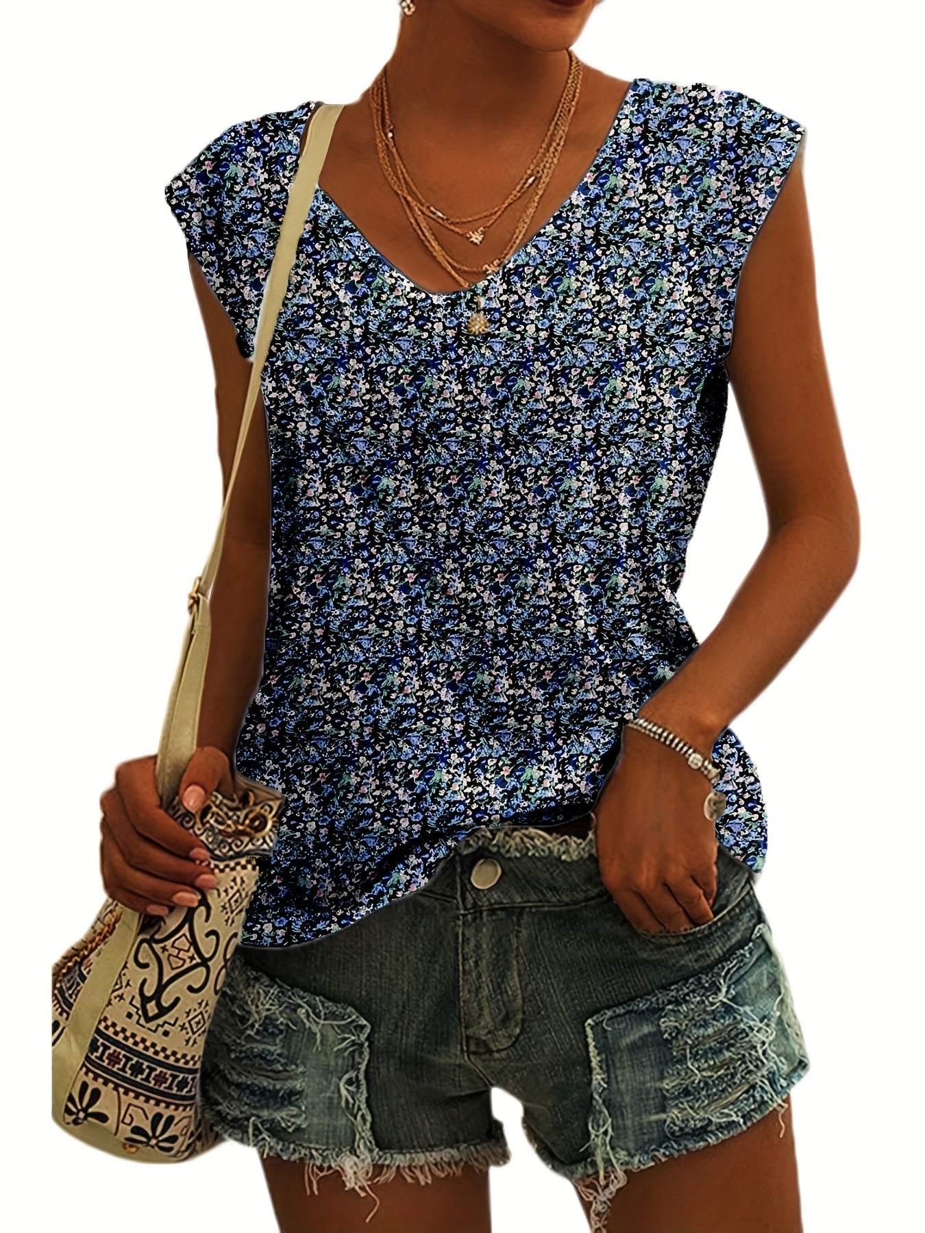 Floral Print V-Neck Cap Sleeve Tank Top