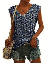 Floral Print V-Neck Cap Sleeve Tank Top