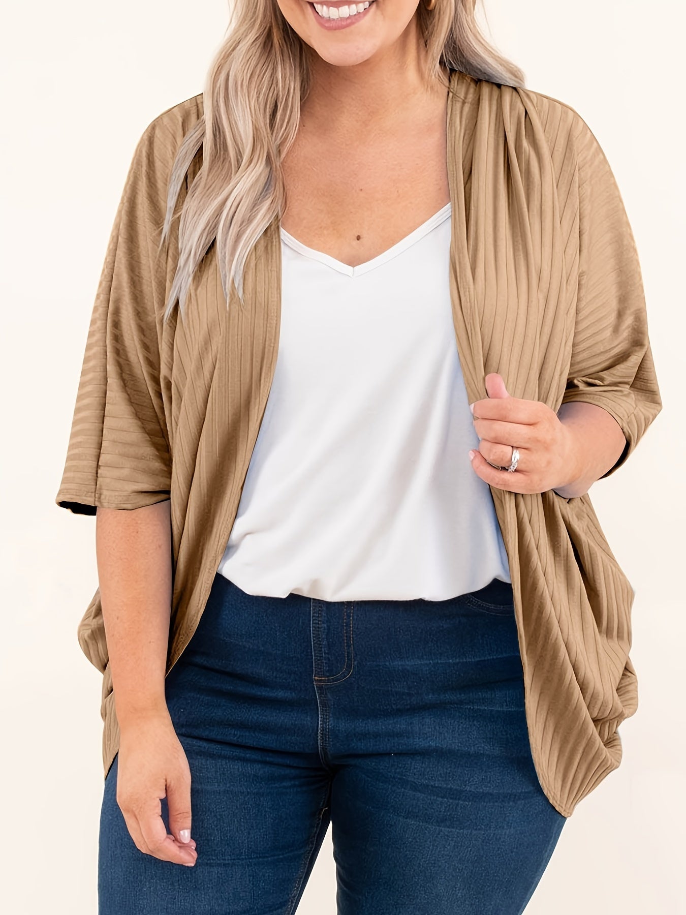  Ribbed Batwing Sleeve Open Front Cardigan
