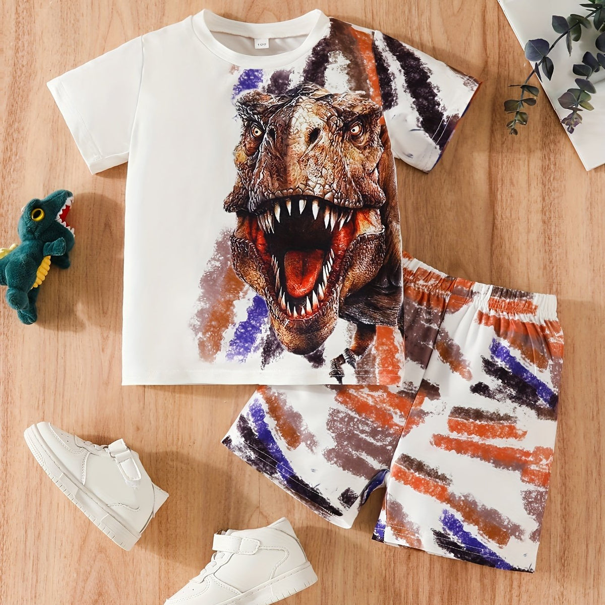 Boys Dino Print T-shirt & Shorts Set - Casual Kids Summer Outfit