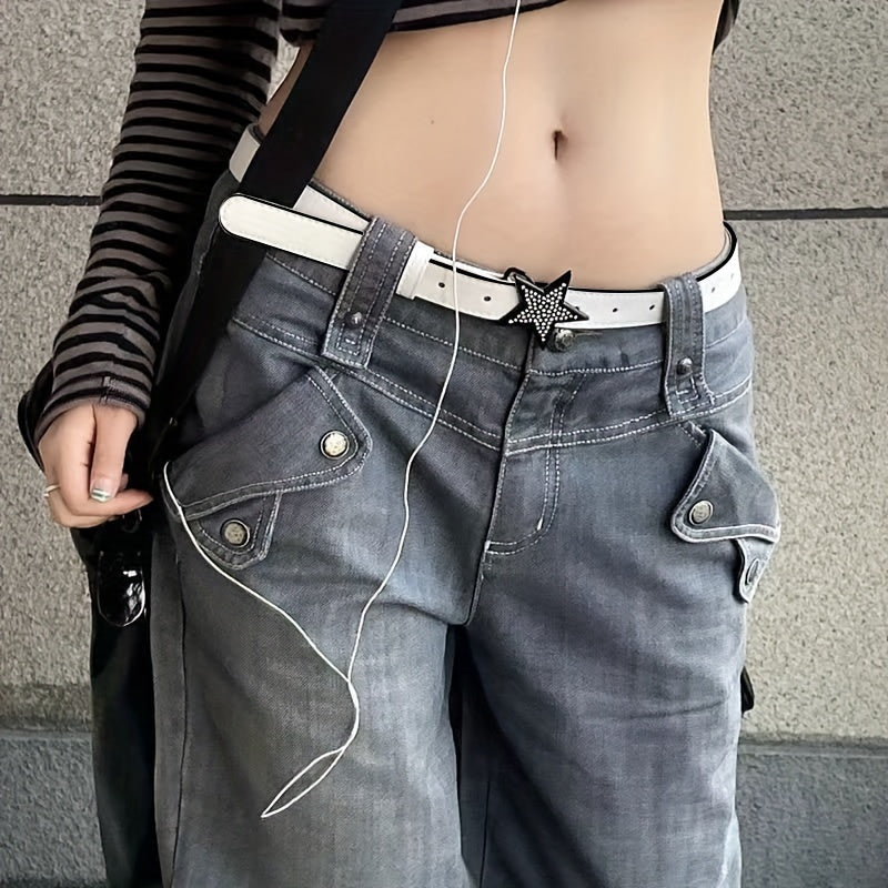 Y2K Pentagram Buckle PU Belt Hip Hop Solid Waistband