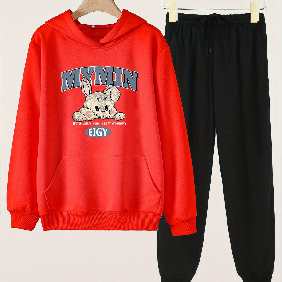 Girls Rabbit Print Hoodie & Sweatpants Set for Spring and Autumn