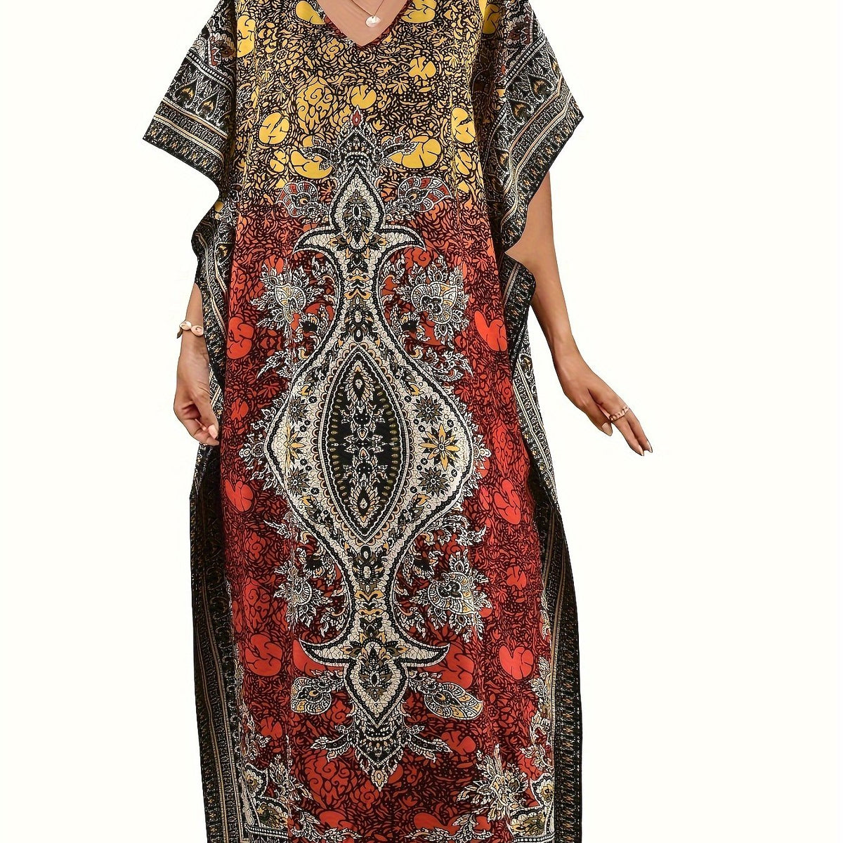  Boho Kaftan Dress Women's Plus Tribal Print Batwing Sleeve V Neck Maxi