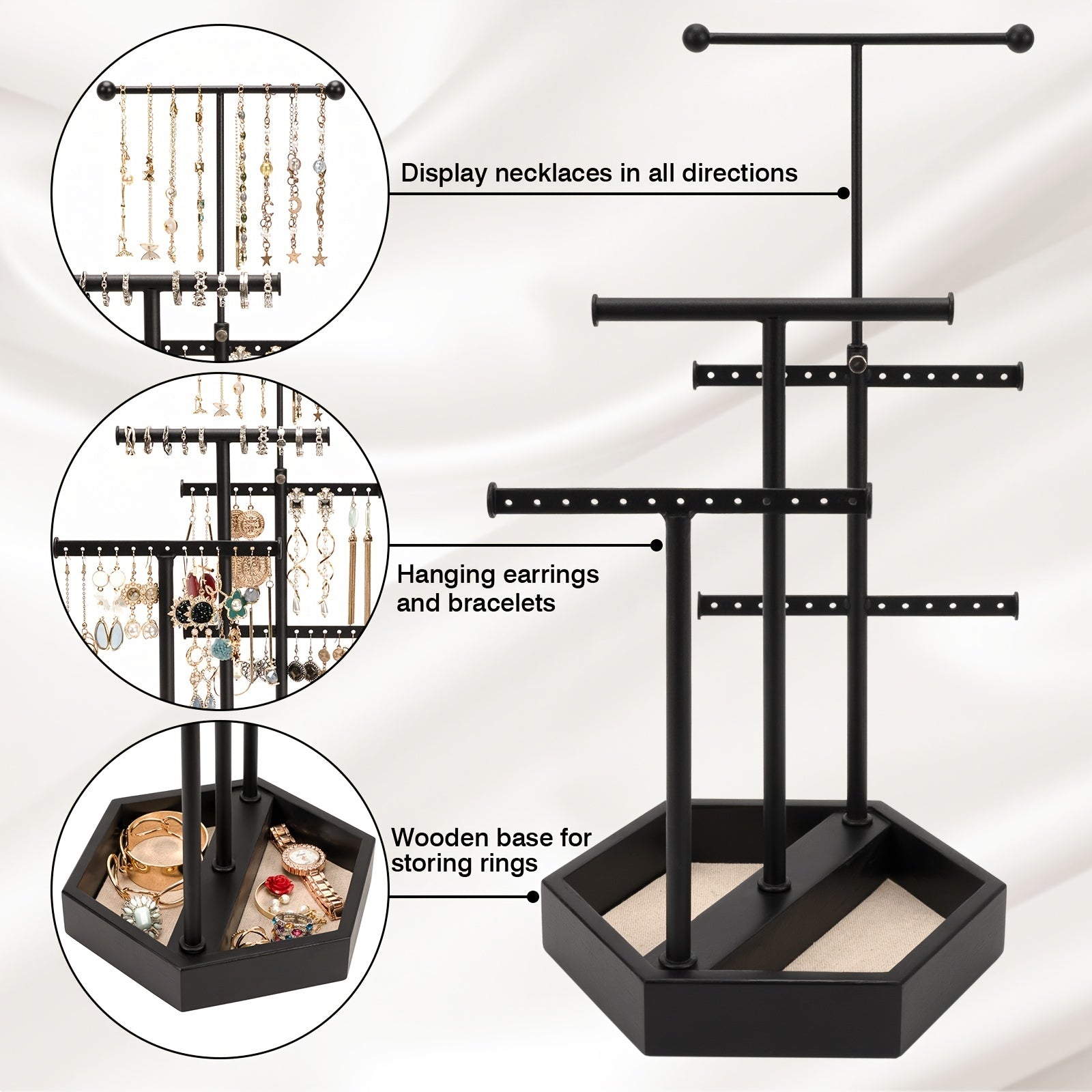 Emfogo Earring Organizer Triple Rods 5 Layer Jewelry Holder Stand
