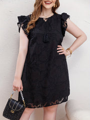  Lace Ruffle Sleeve Round Neck Tassel Tie Dress