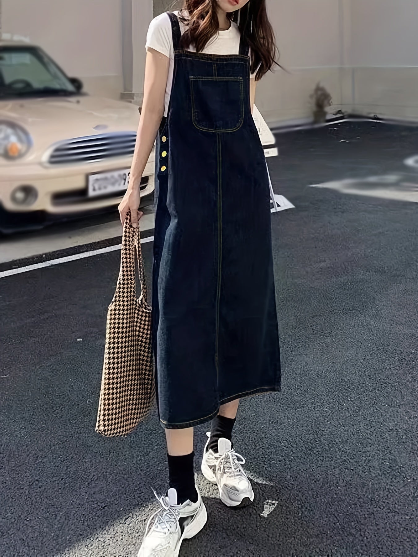 Denim Overall Dress with Patch Pockets
