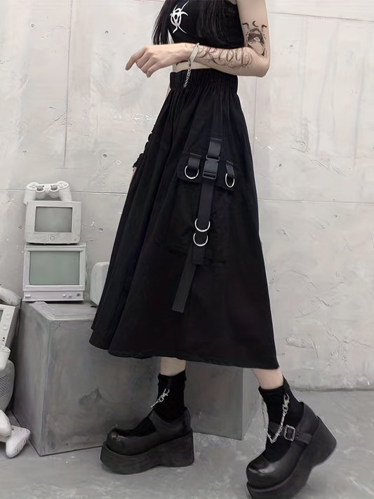 Solid Flap Pockets High Waist Skirt Casual Skirt For Spring & Fall