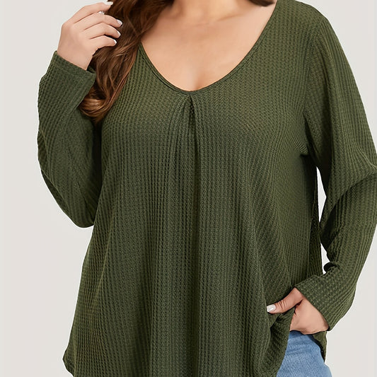  Solid Waffle Knit Top V Neck Long Sleeve