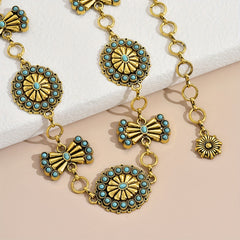 Turquoise Inlay Flower Metal Chain Vintage Bow Carved Belly Chain