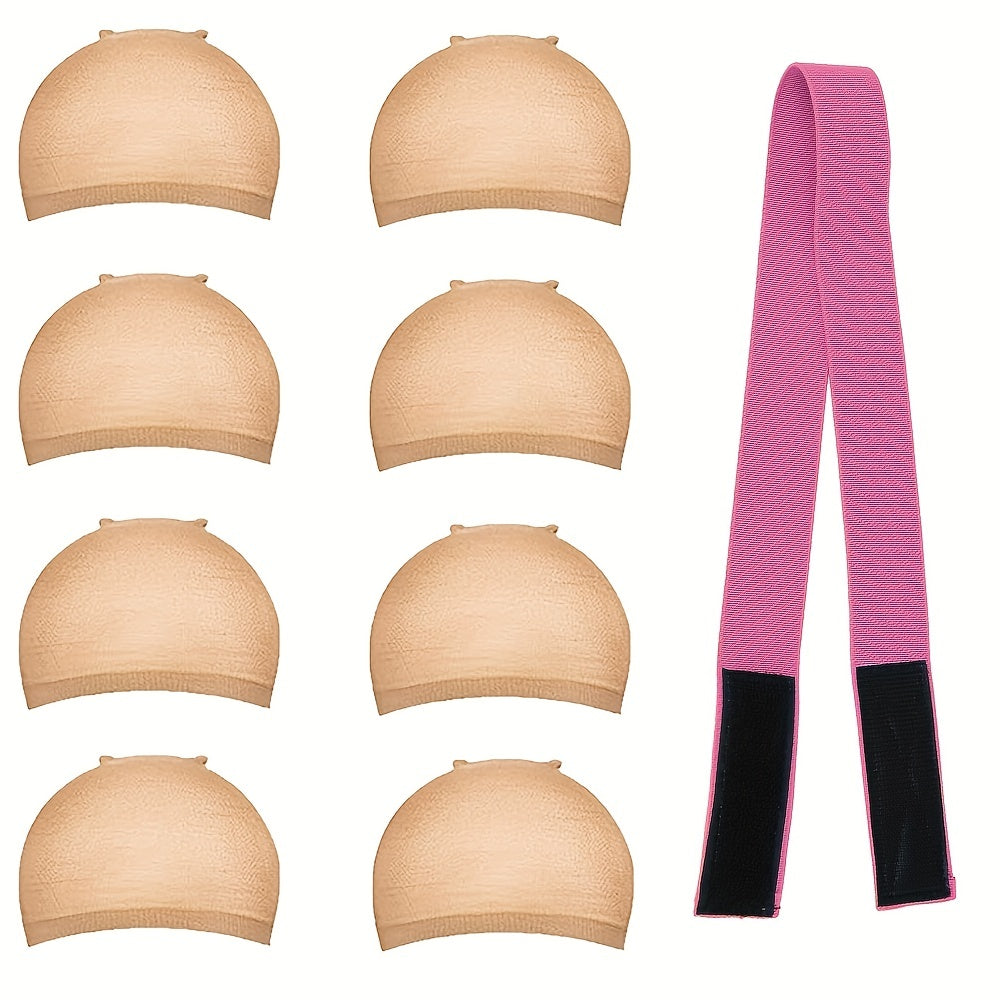 8PCS Stretchable Nylon Wig Caps & Elastic Bands Set for Women Nude Color