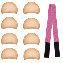8PCS Stretchable Nylon Wig Caps & Elastic Bands Set for Women Nude Color