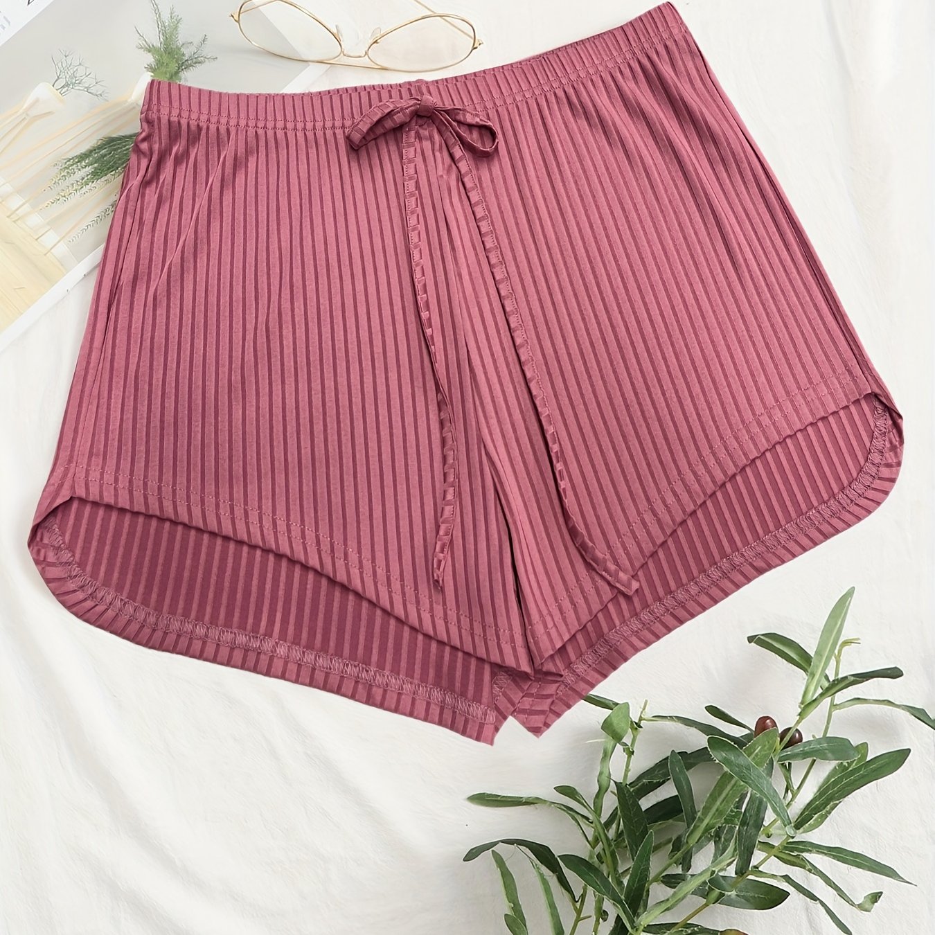  Solid Ribbed Knit Tie Front Shorts