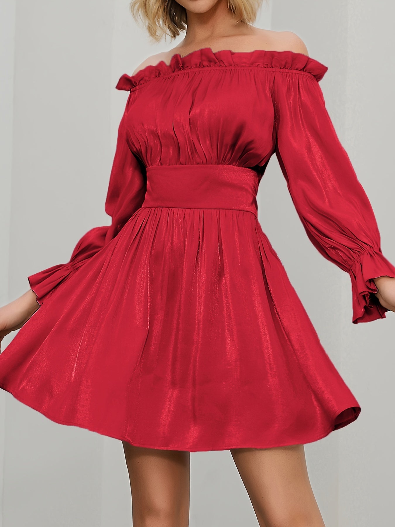 Off Shoulder Lantern Sleeve Bridesmaid Dress Ruffled Trim Pleated Mini Dress