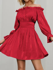 Off Shoulder Lantern Sleeve Bridesmaid Dress Ruffled Trim Pleated Mini Dress