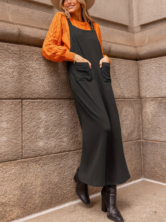  Solid Square Neck Wide Leg Overalls With Pockets