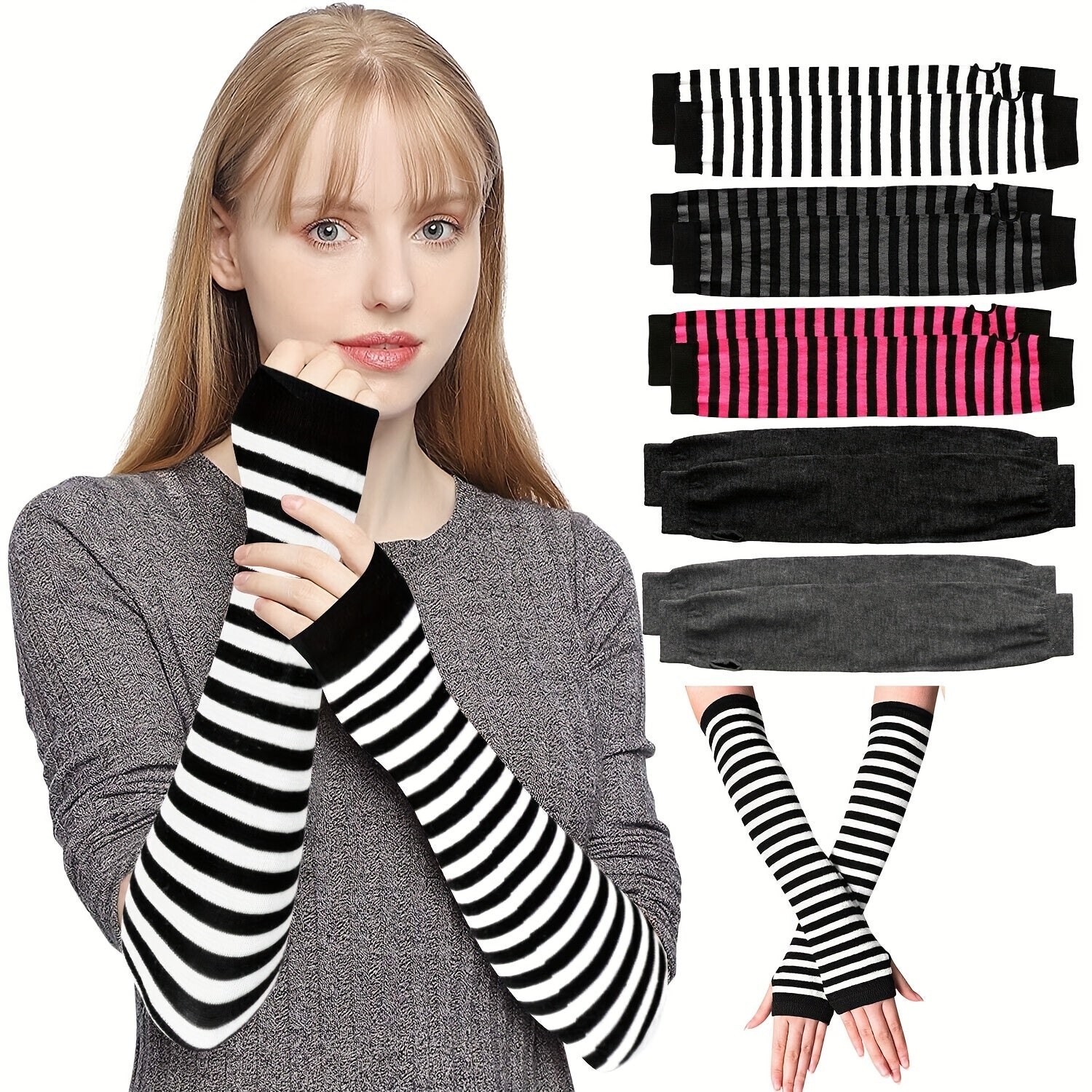 Striped Knitted Gloves Fingerless Arm Warm Long Sleeve With Thumb Hole for Women