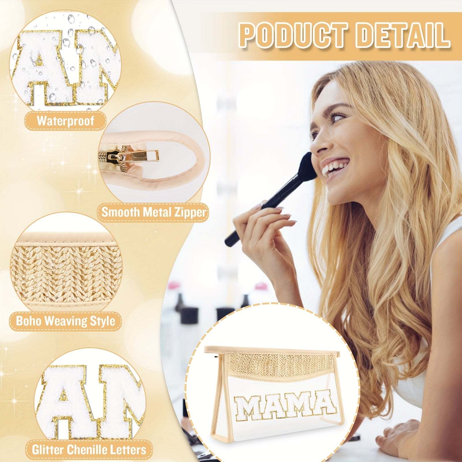 Boho Letter Patch Makeup Bag MAMA Pouch Clear Toiletry Bag