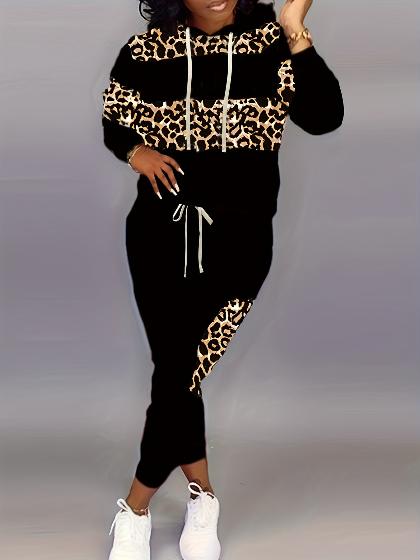 Women's Plus Leopard Print Hoodie & Pants Outfits 2 Piece Set