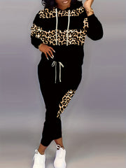 Women's Plus Leopard Print Hoodie & Pants Outfits 2 Piece Set