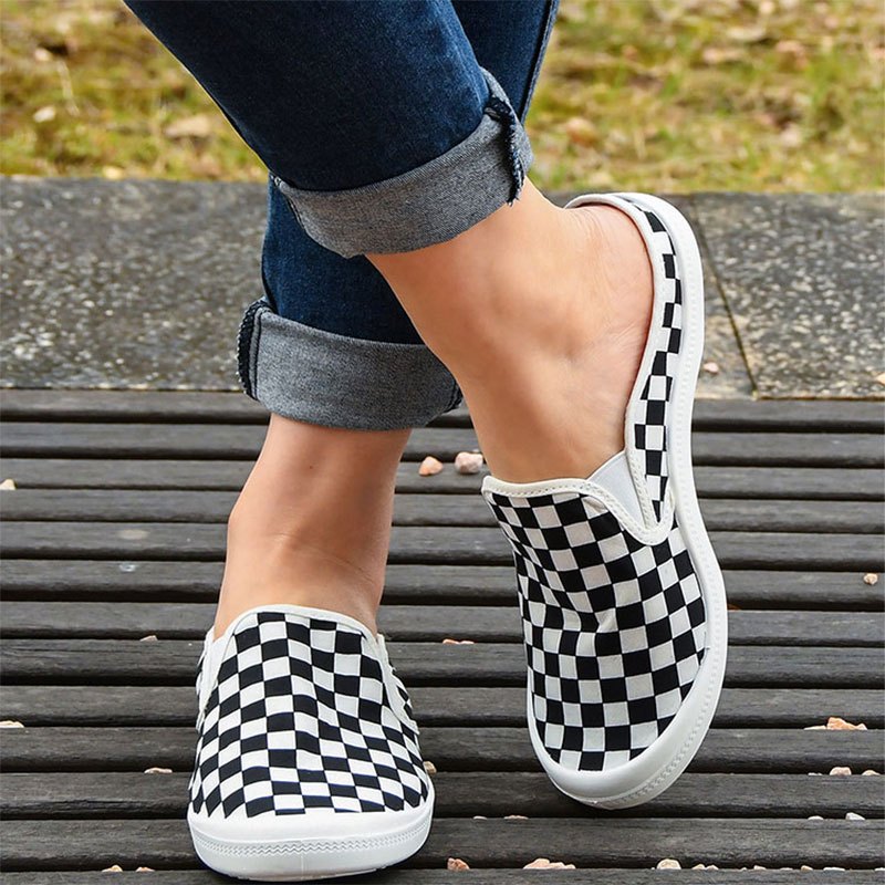 Women's Checkerboard Flat Mules Slip-On Canvas Shoes
