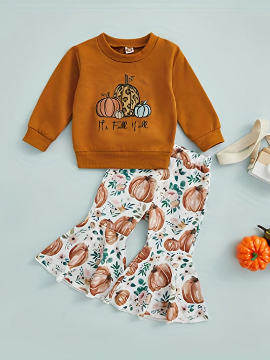 Girls Halloween Pumpkin Sweatshirt & Flared Pants Set