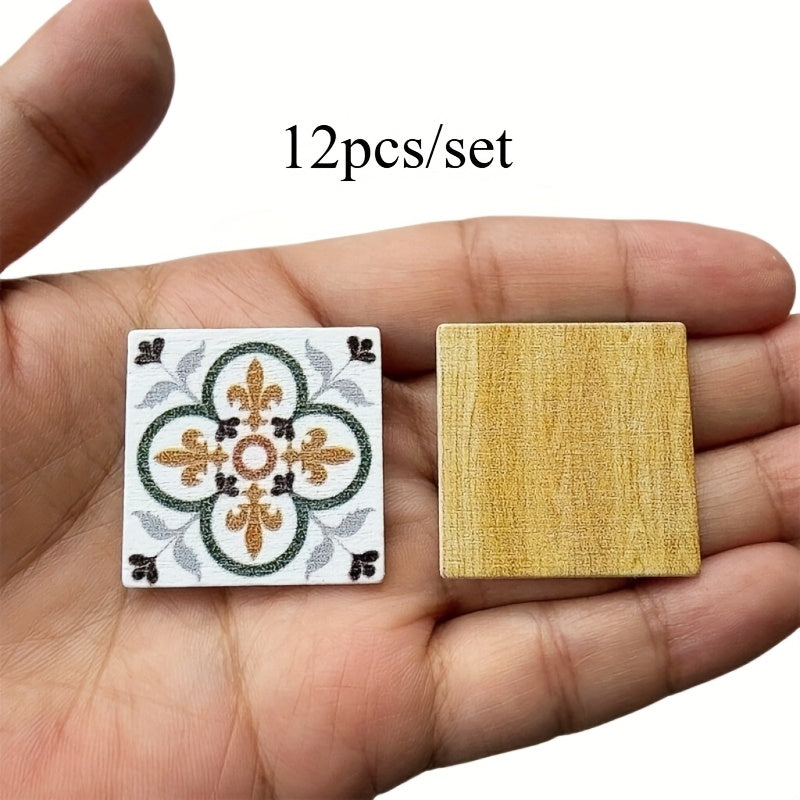 12pcs Mini Interlocking Floor Tiles with Printed Patterns for Mini Scene