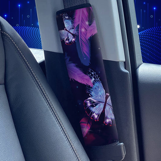 Feather Purple Butterfly Print Car Seat Belt Cover Soft Safety Shoulder Pad