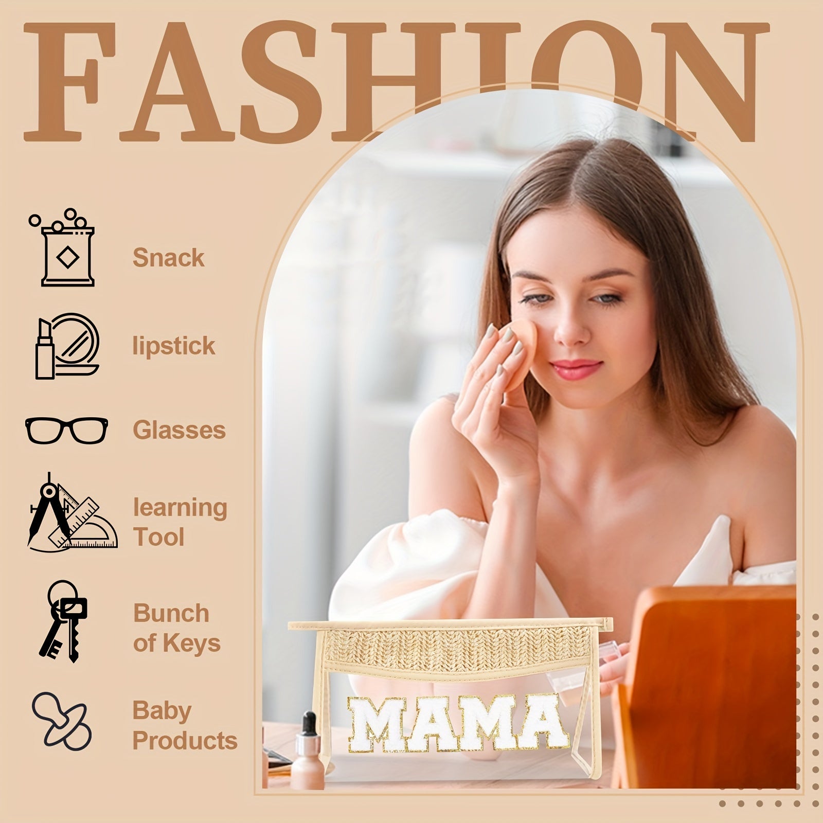 Boho Letter Patch Makeup Bag MAMA Pouch Clear Toiletry Bag