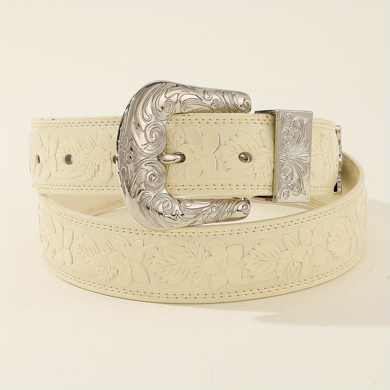 Vintage Engraved Buckle Belt Embossed PU Leather Belt For Women