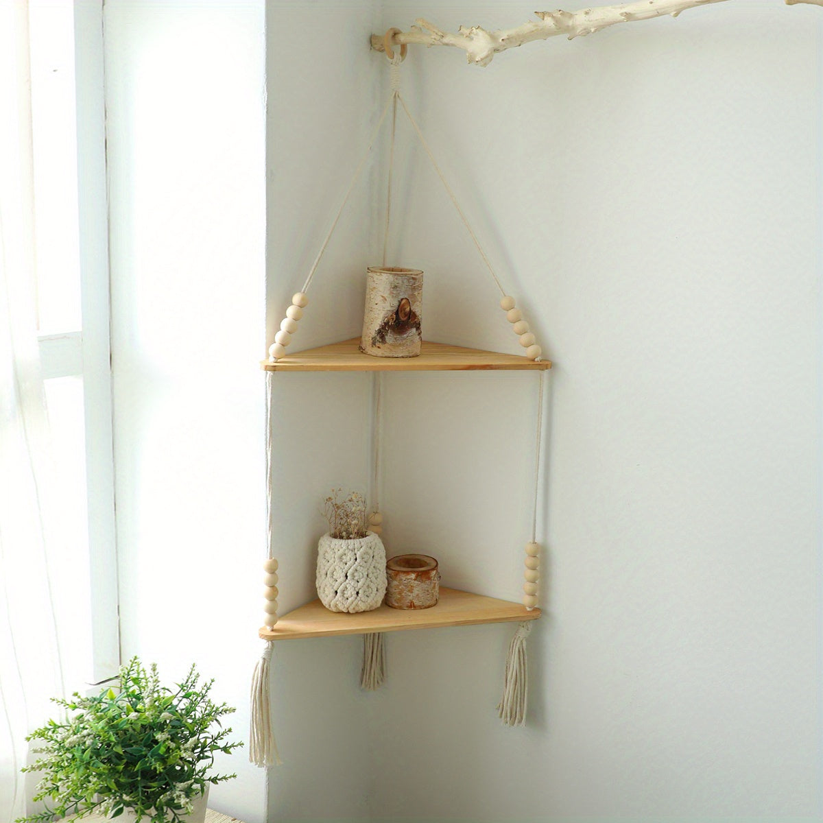 Triangular Wooden Shelf Wall Hanging with Bohemian Beads and Cotton Rope