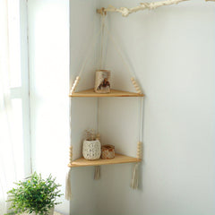 Triangular Wooden Shelf Wall Hanging with Bohemian Beads and Cotton Rope