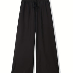  Solid Ruffle Trim High Rise Wide Leg Trousers