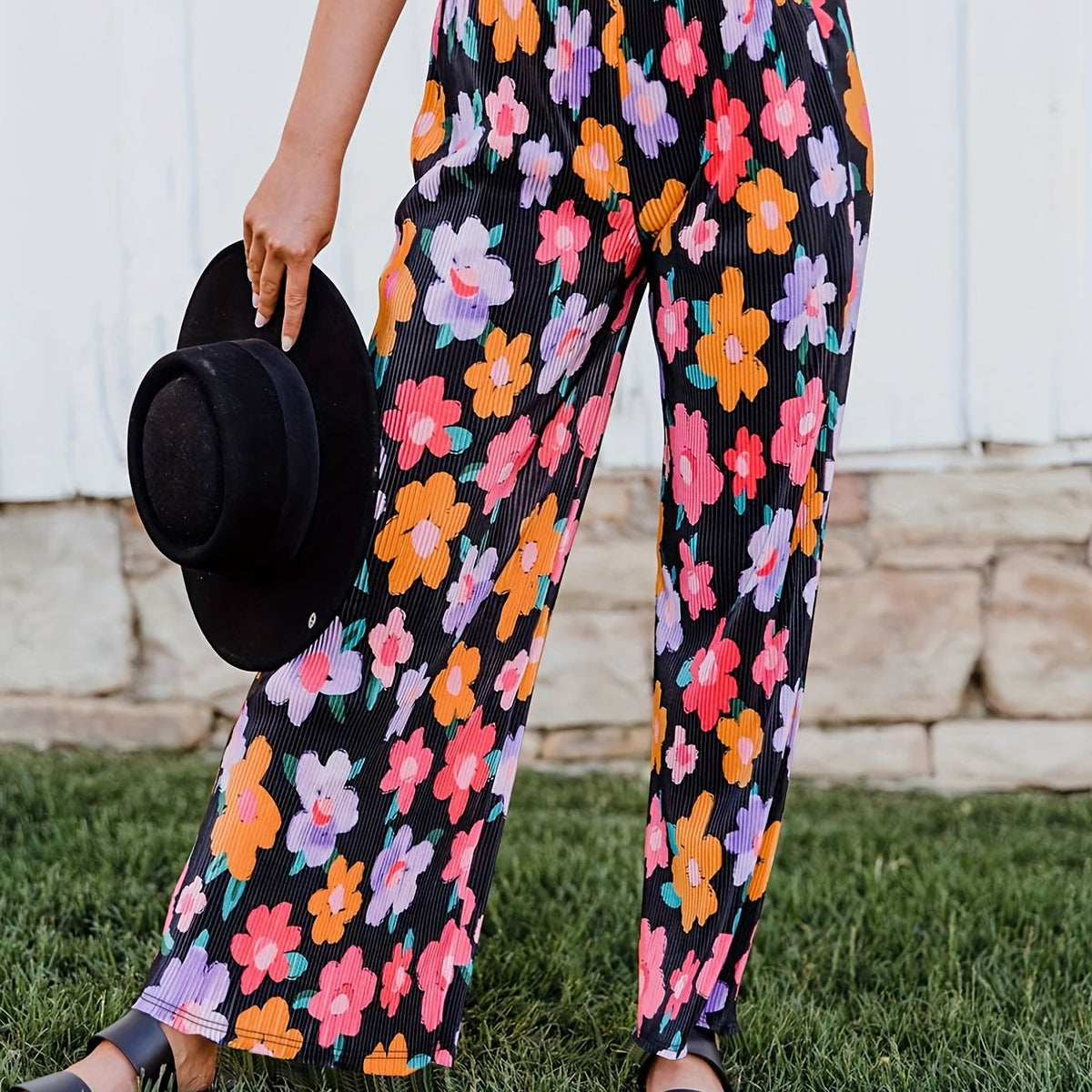 Women's Plus Floral Ribbed Wide Leg Pants