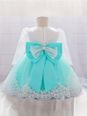Girls Lace Long Sleeve Puffy Princess Dress With Bow