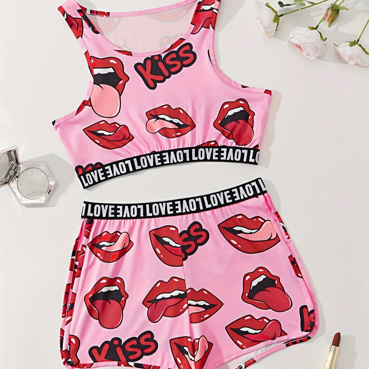 Lips Print Pajama Set Crew Neck Tank Top & Shorts