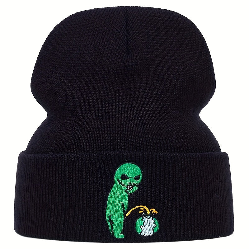 Alien Earth Embroidery Beanie Elastic Knit Hat Unisex Skull Cap