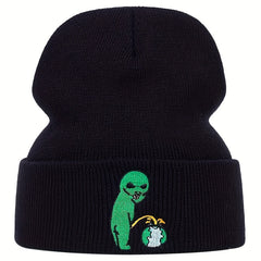Alien Earth Embroidery Beanie Elastic Knit Hat Unisex Skull Cap