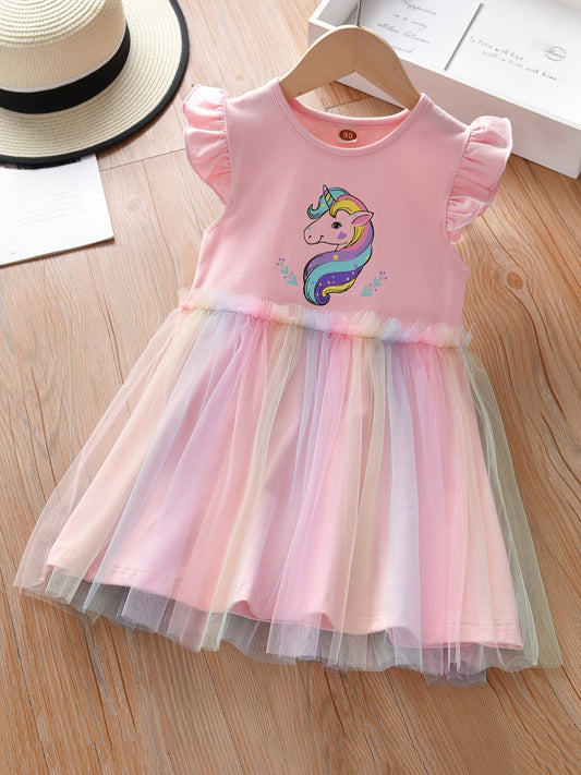 Girls Casual Mesh Dress With Unicorn Print For Summer